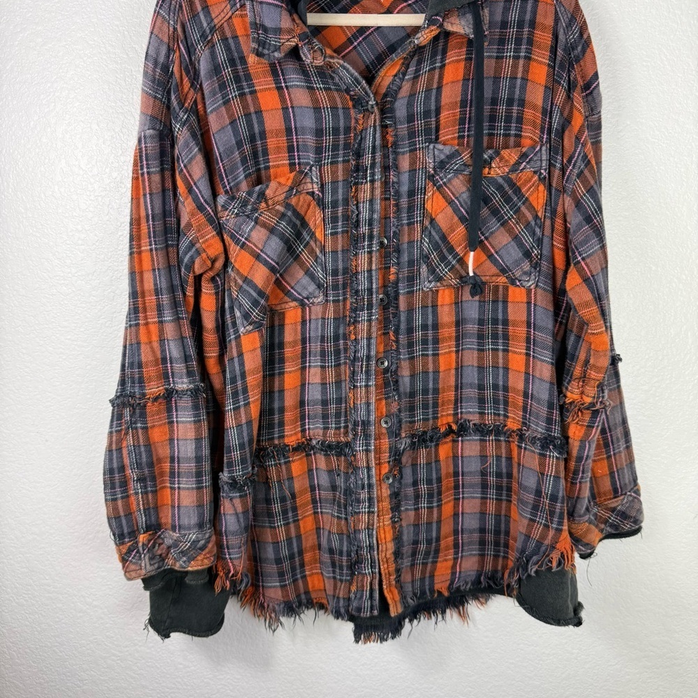 Free People Calico Basin Hooded Plaid Shirt Jacket Oversized Size M - Picture 4 of 10
